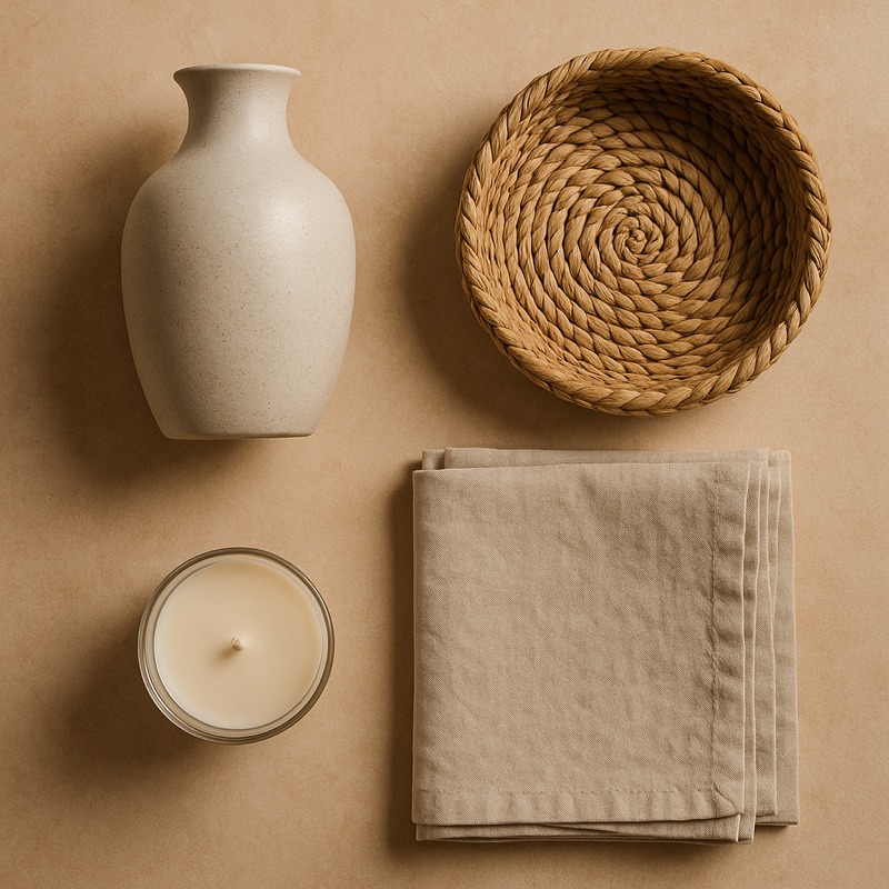Ceramic vase, woven basket, candle and linen textile